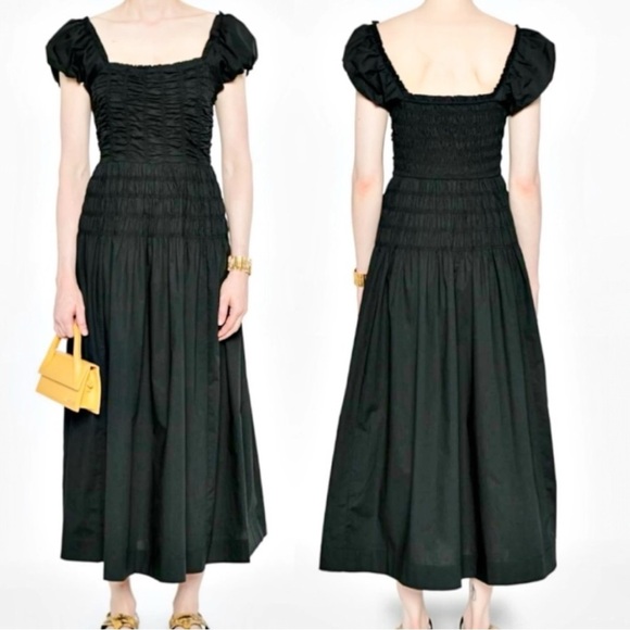 Caroline Constas Women’s Cotton Shirred Bodice Short Puff Sleeve Midi Dress NEW - Picture 11 of 16